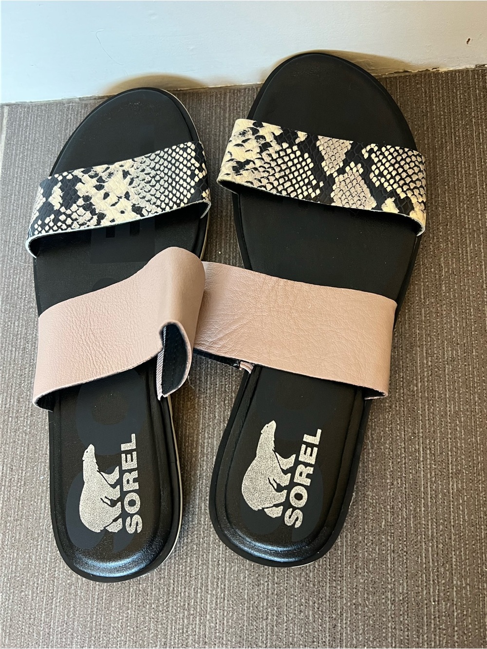 Sorel Slide Sandal in Black, Blush and Snake Print